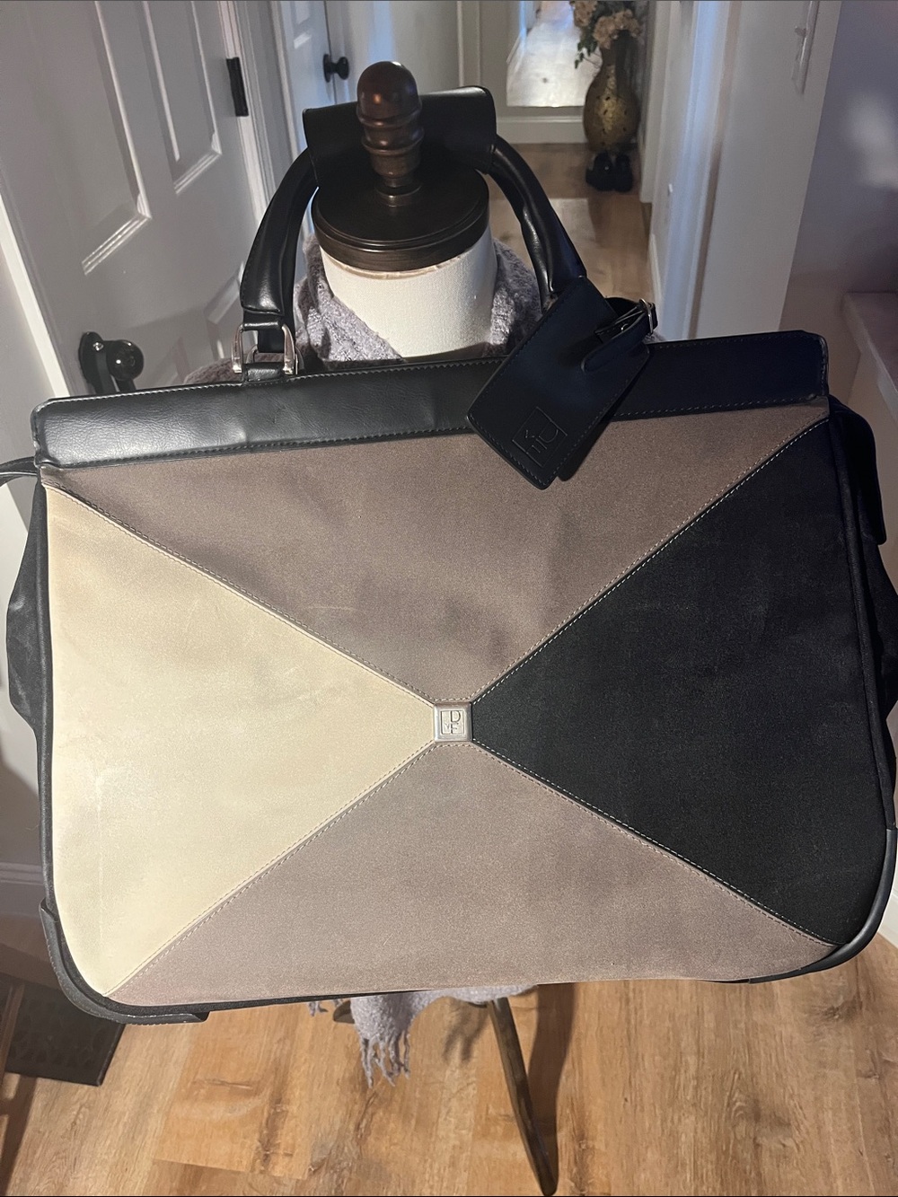VTG Diane Von Furstenburg leather suede color block geometric rolling carryon